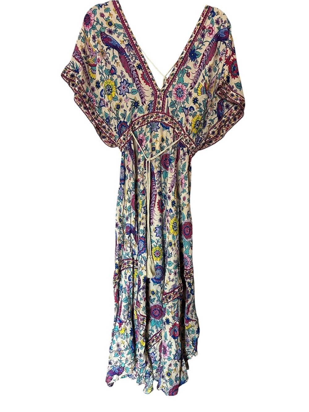 R. Vivimos Boho Floral Maxi Dress with Tassel Tie - Cream/Multi Small